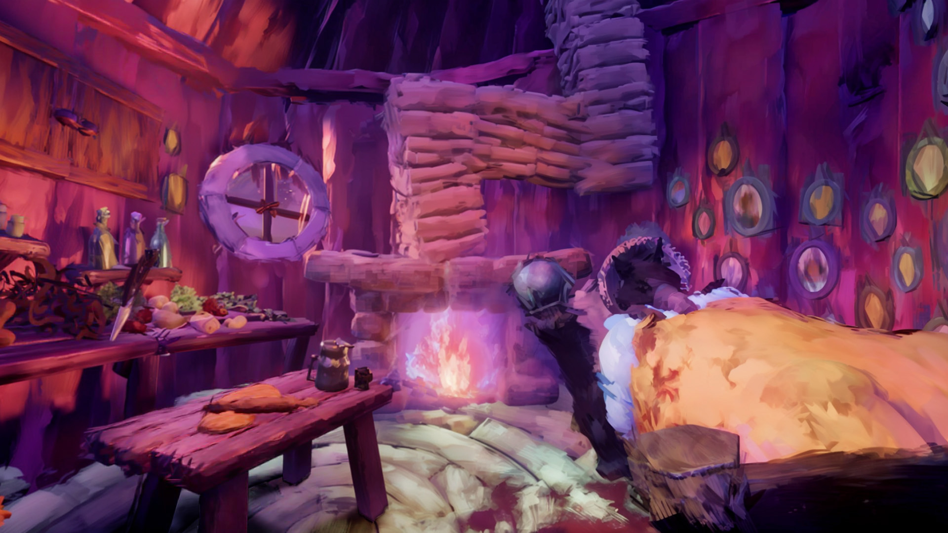 Peinture digitale 3D de l'intérieur de la cabane de Mère-Grand. Le Grand Méchant Loup porte ses vêtements et attend dans son lit