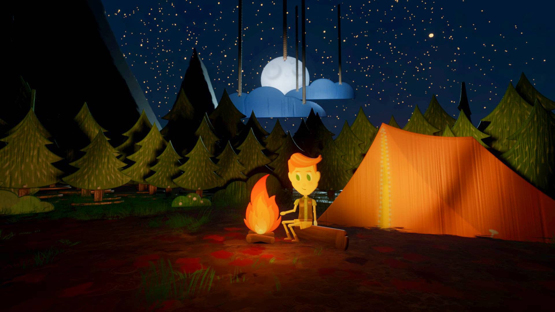 Un petit scout fait griller ses chamallows sur son feu de camp en pleine forêt la nuit
