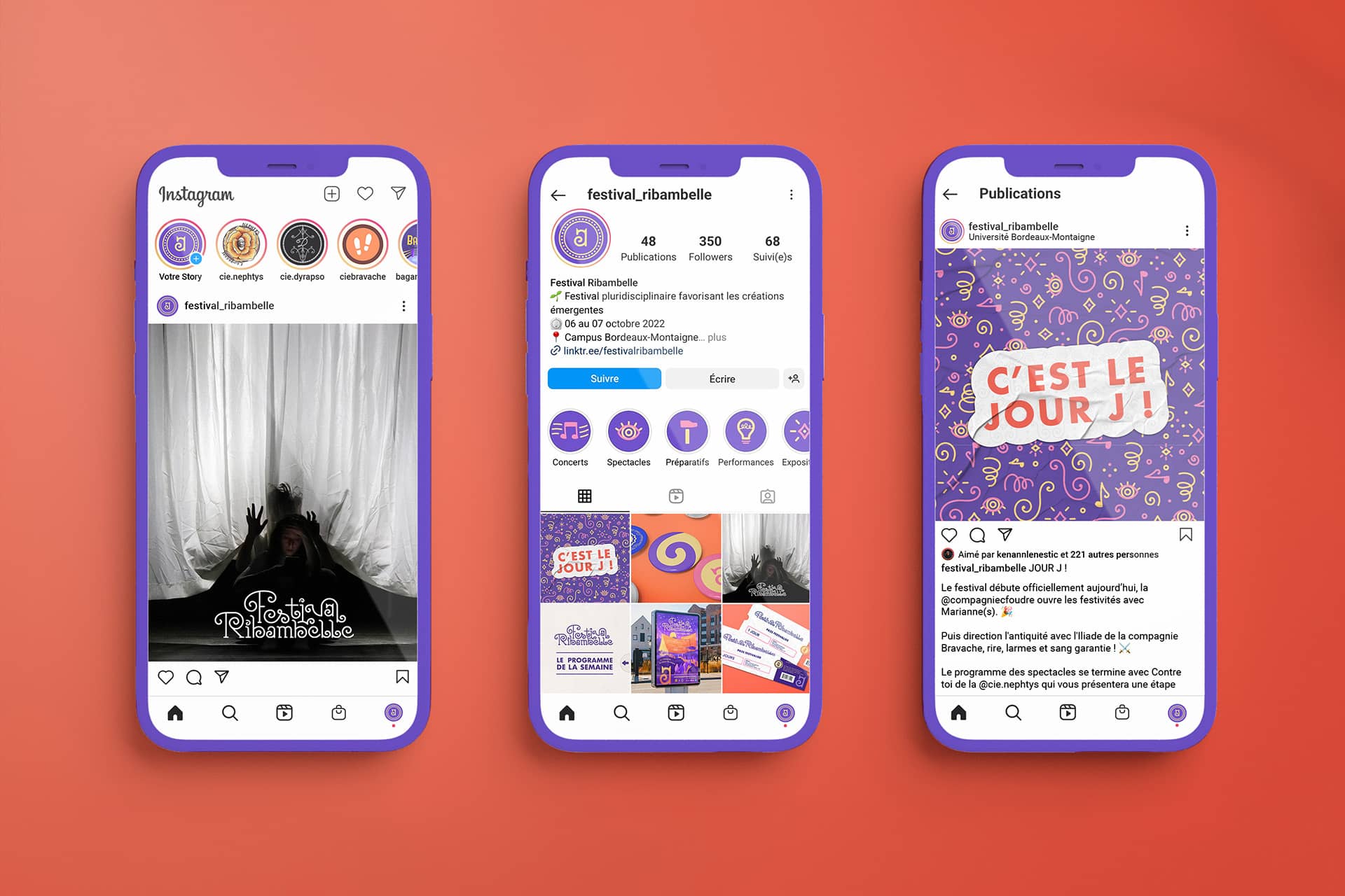 Trois téléphones affichants différentes pages Instagram du Festival Ribambelle