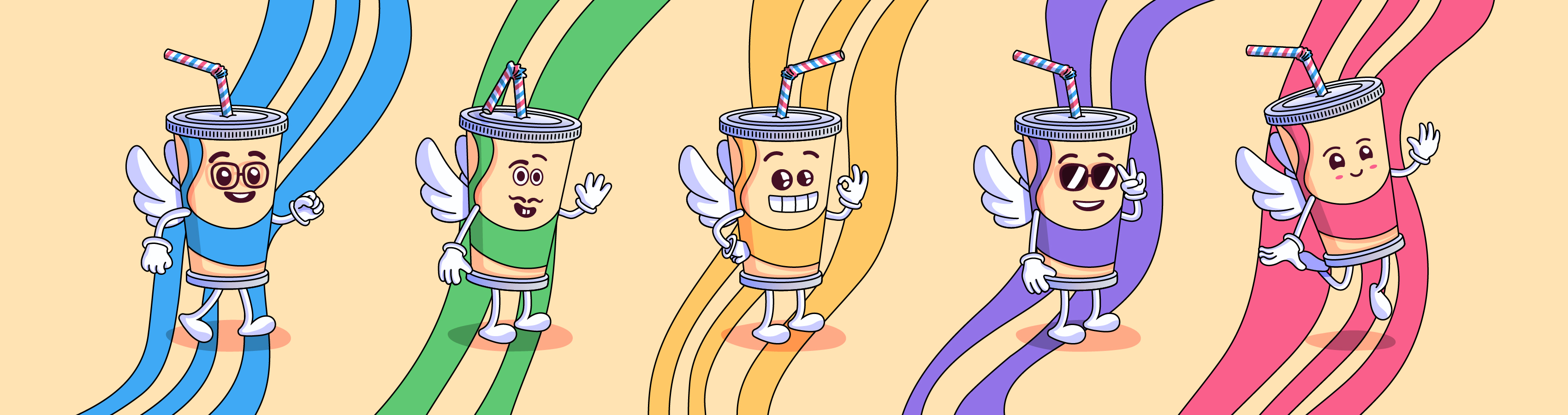 Cinq personnages de boissons mignons