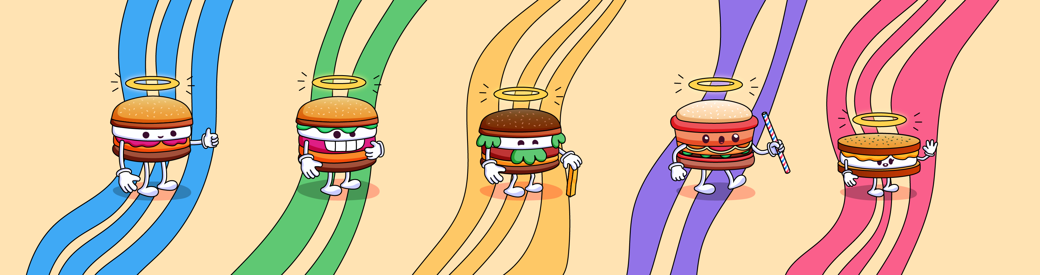 Cinq personnages de burgers mignons